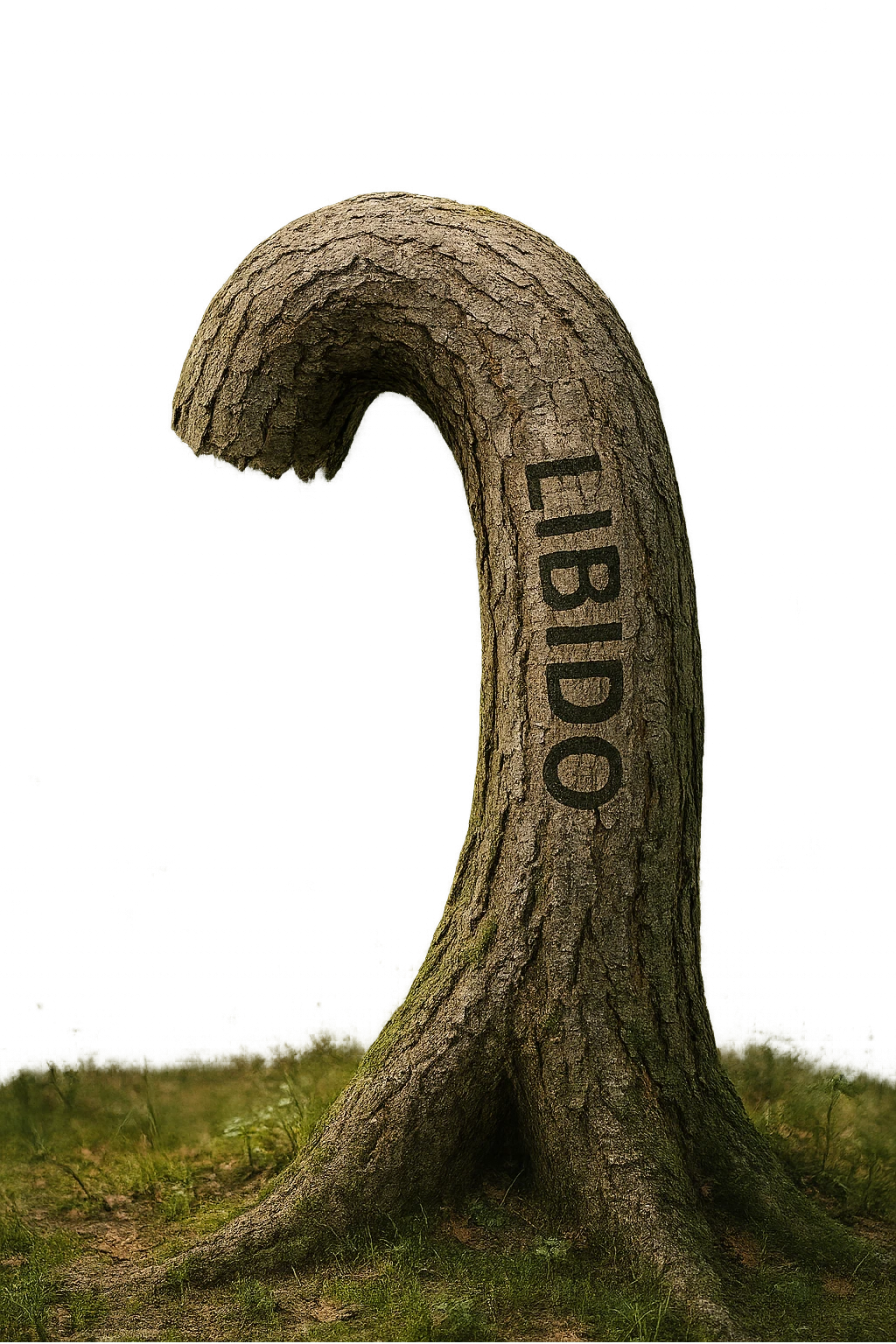 Realistic, vertical 4K illustration: a hyperrealistic tree trunk in a forest setting, noticeably bent, drooping, or wilted instead of standing upright. The bark is textured and detailed WITH THE WORD "LIBIDO" PRINTED ON IT, with subtle cracks and faded colors suggesting loss of vitality. Soft, natural light filters through the surrounding trees, casting gentle shadows. The scene is quiet and contemplative, with the trunk’s unusual, slumped posture symbolizing a decline in male libido. The background is lush and detailed, but the focus remains on the central, softened trunk, evoking a sense of vulnerability and introspection. emoji