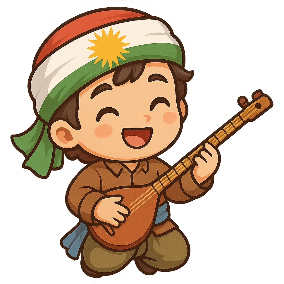 cartoon Kurdish person playing daf or tanbur, colorful and cheerful, no text, suitable for WhatsApp and Instagram sticker, transparent background emoji