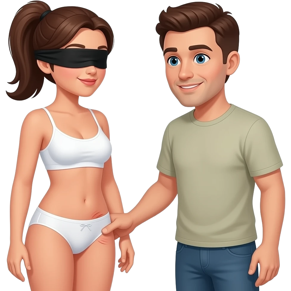 woman in blinfold, in white underwear, with ponytail, over knee, being spanked on the bottom by man emoji