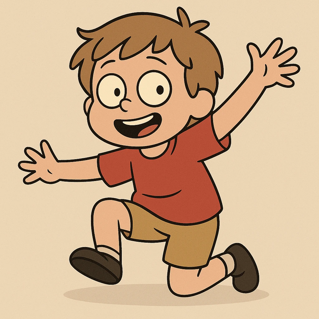 child, brownish blonde hair, red shirt, playful pose, minimal background, cartoon style emoji