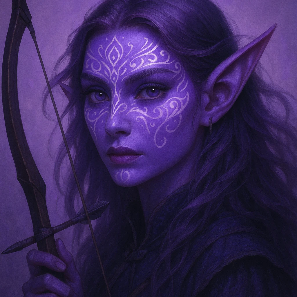 purple fantasy elf archer, close-up, intricate face paint, ethereal vibe emoji