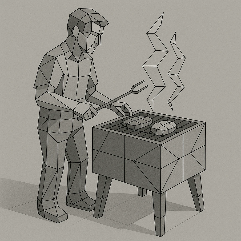 man grilling food on a cubic barbecue. emoji