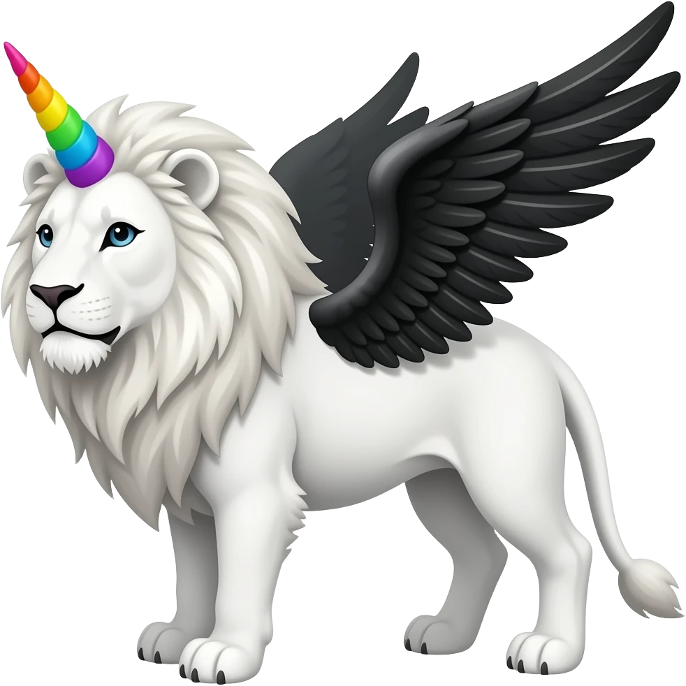 white lion with rainbow unicorn horn and black wings emoji