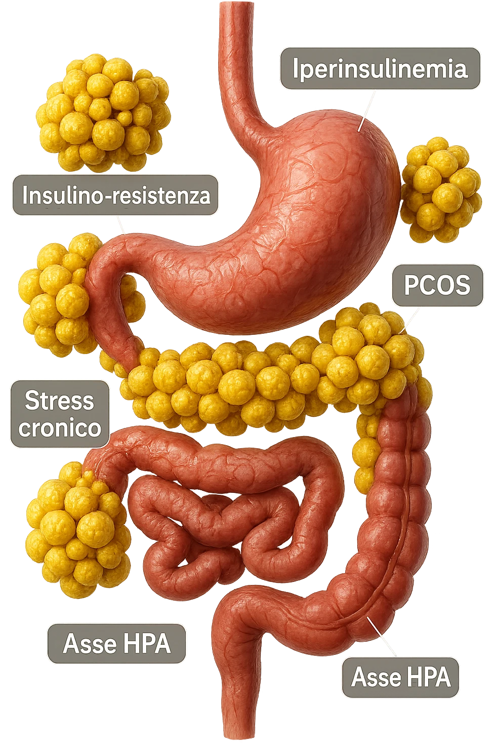 STOMACO E INTESTINO SONO VERTICALMENTE COLLEGATI E INTORNO A QUESTI ORGANI CI SONO CELLULE DI GRASSO GIALLE ATTACCATE SOPRA A GRAPPOLI, intorno fluttuano cellule di grasso giallo e alcune targhette con queste parole "Iperinsulinemia", "insulino-resistenza", "PCOS", "Stress cronico", "asse HPA", IPERREALISTICO 4K emoji