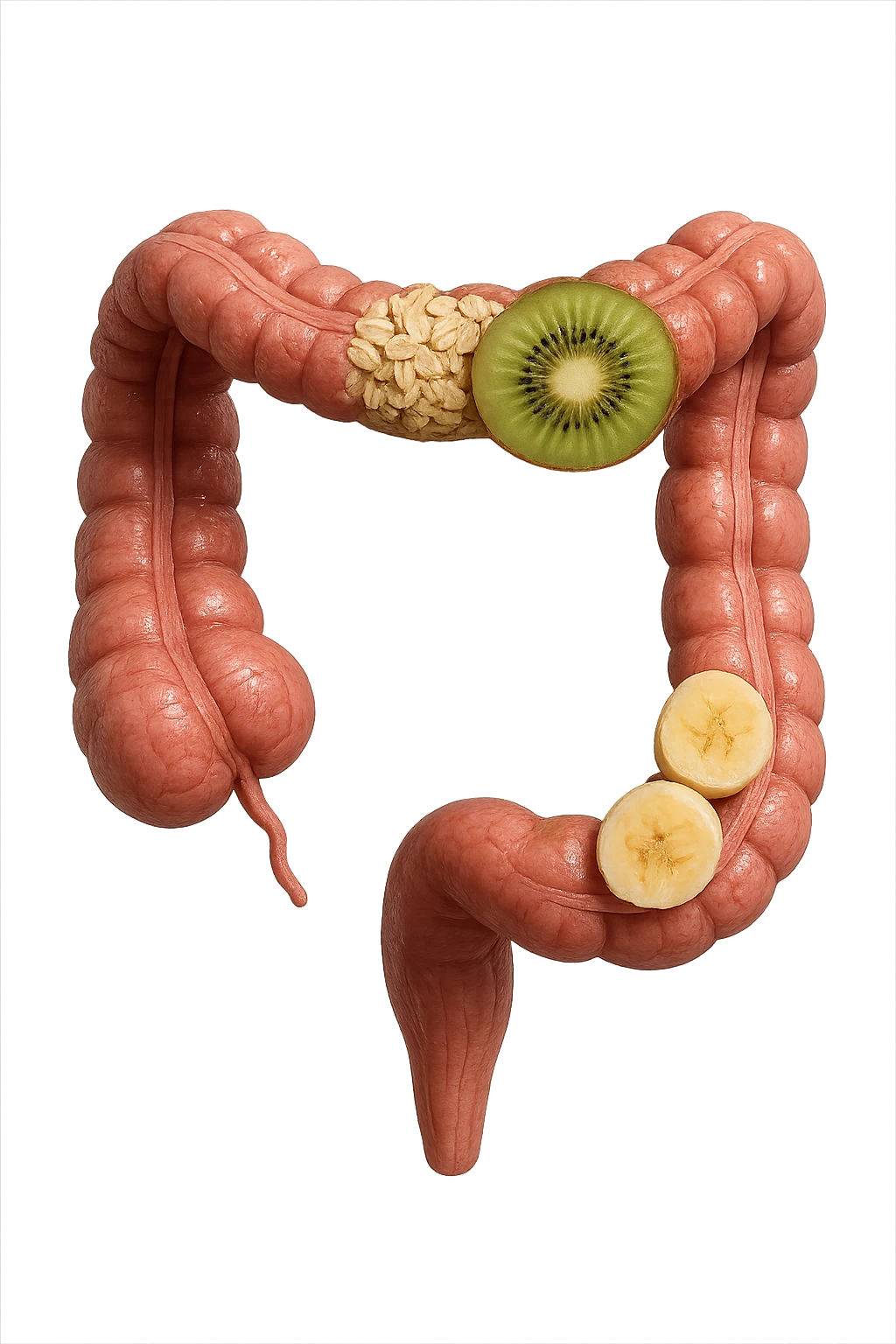 avena, kiwi e banana all'interno di un colon umano anatomico realistico, iperrealistico 4k emoji