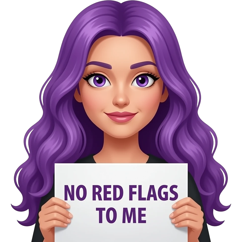 sexy girl with long purple hair and purple eyes holding a NO RED FLAGS TO ME sign emoji
