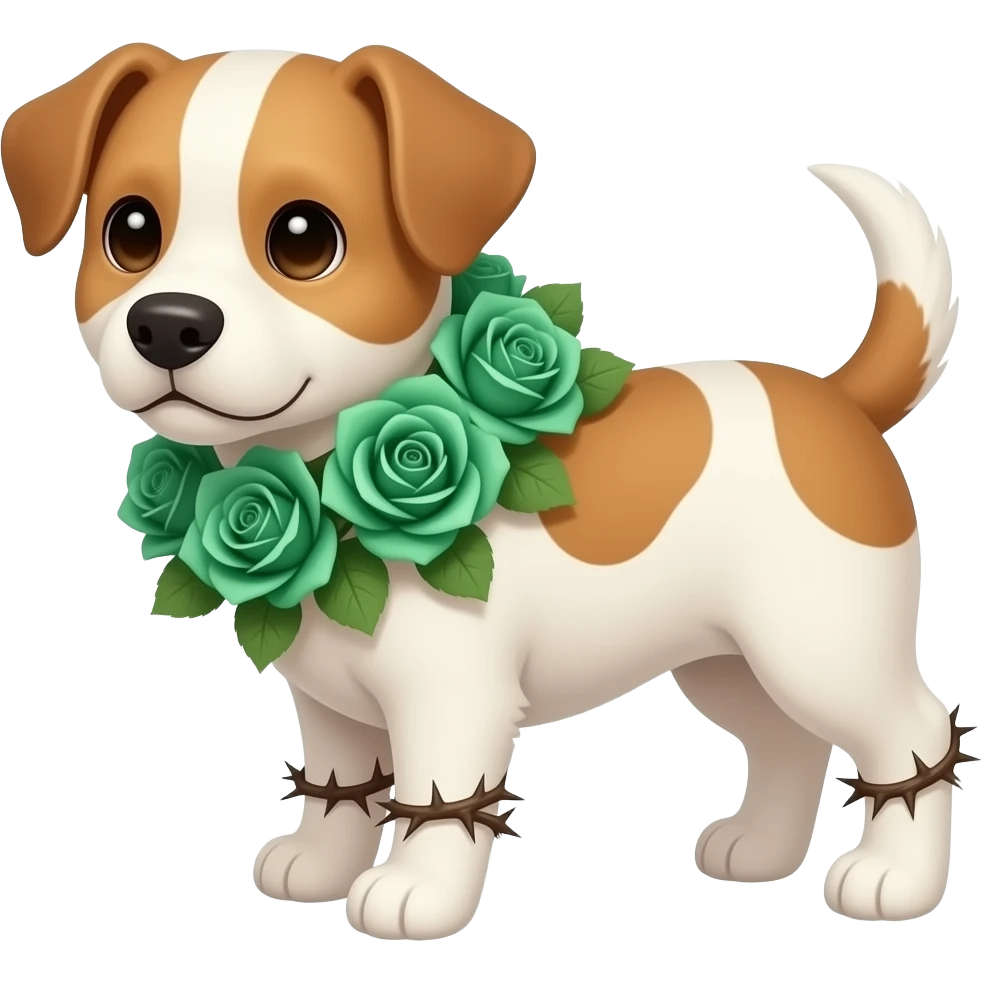 Cute dog with emerald green roses and valley of thorns emoji