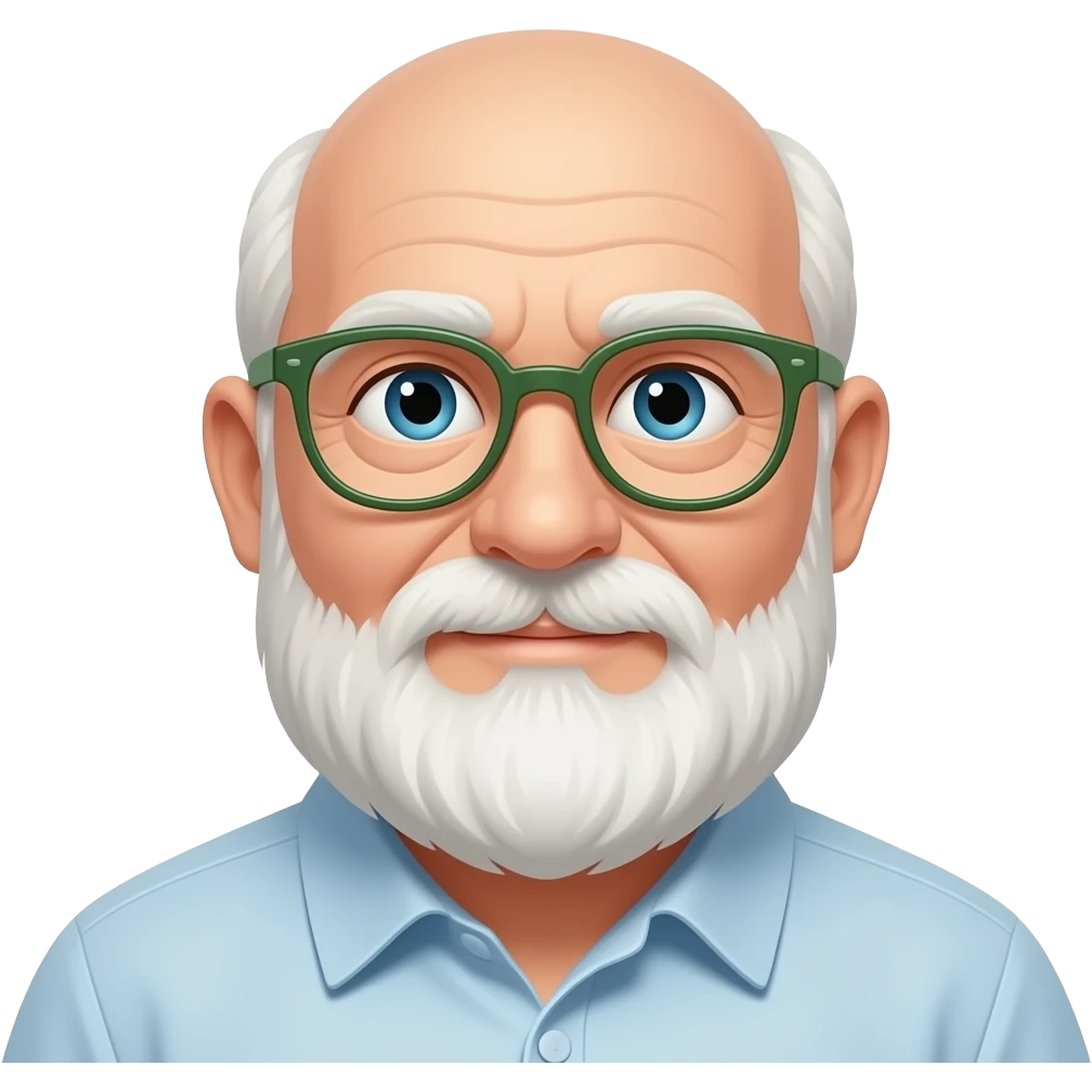 75 year old, white, bald, 300 pound, man with a full white beard and thin framed glasses with green side arms emoji