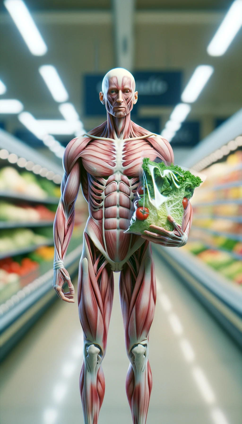 corpo umano anatomico con capelli corti in un supermercato che tiene in mano una busta di insalata di plastica preconfezionata, supermercato sfocato sullo sfondo emoji