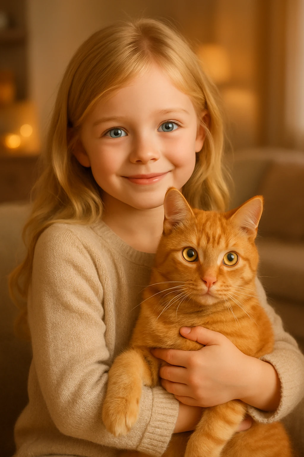 a blonde girl with blue eyes holding an orange tabby cat, friendly and cute emoji