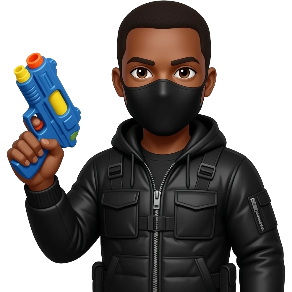 Make him appear to be African-American in all black, but make him holding a water gun wearing a mask emoji