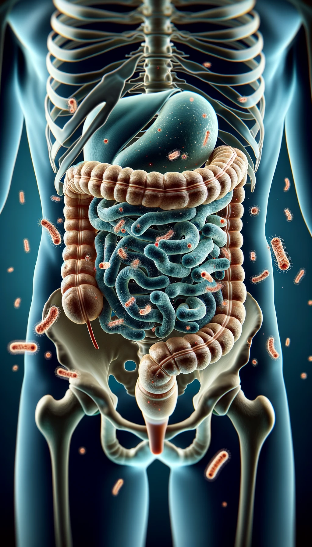 INTESTINO UMANO ANATOMICO CON BATTERI CHE GLI FLUTTUANO INTORNO emoji