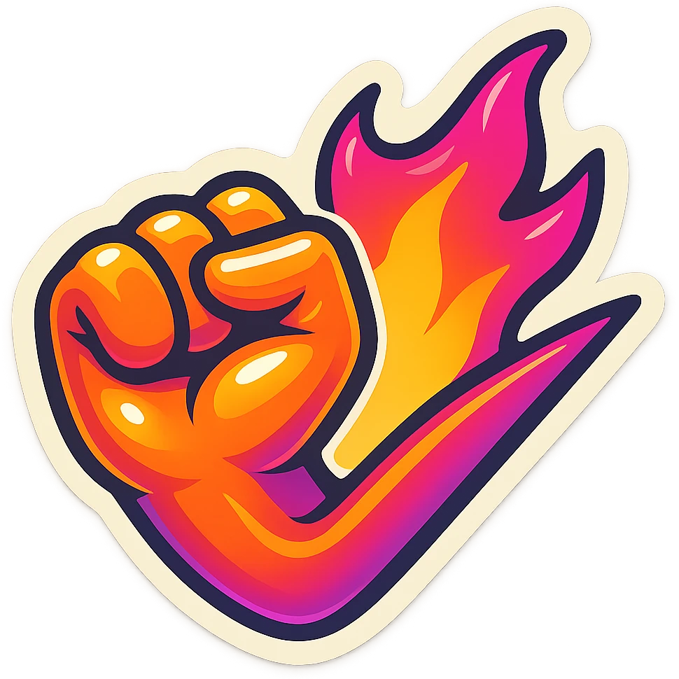 horizontal flaming fist, emoji, gradient : #FF7A1A, #FF3CAB, #9D34FF, sticker border white, matching reference file emoji