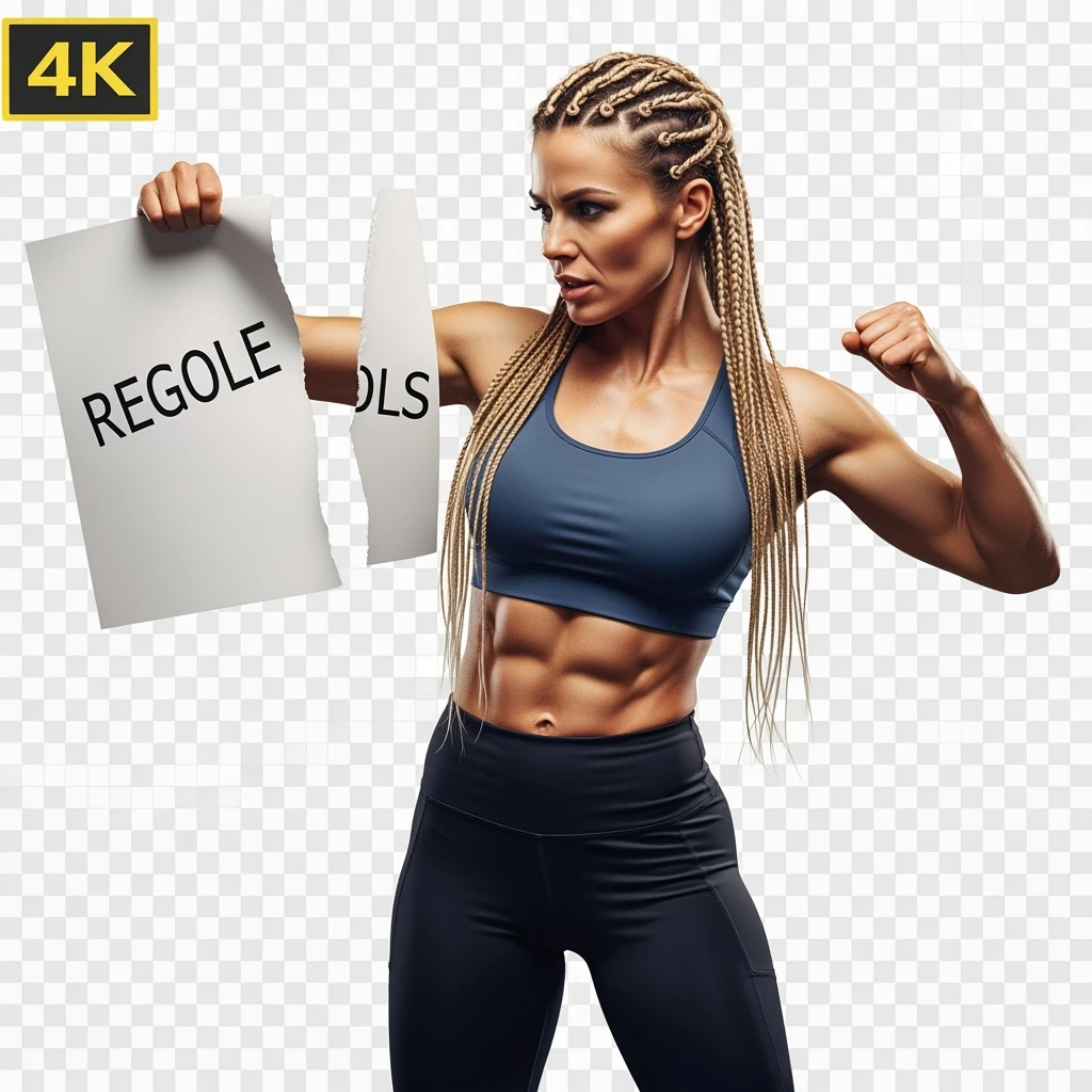 DONNA FITNESS CHE STRAPPA UN FOGLIO CON LA SCRITTA "REGOLE", IPERREALISTICA 4K, SENZA SFONDO emoji