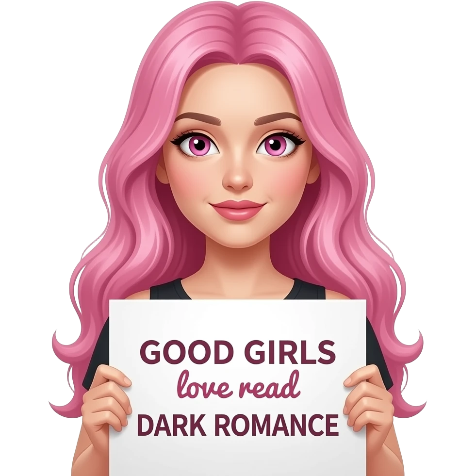 sexy girl with long pink hair and pink eyes holding a GOOD GIRLS love read DARK ROMANCE sign emoji