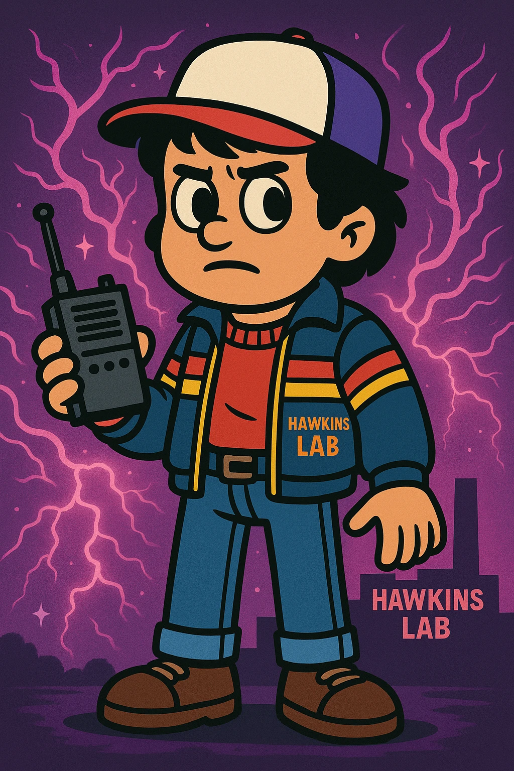 Stranger Things inspired character in vibrant toon style, wearing 80s clothing with supernatural effects, holding a walkie-talkie, and Hawkins Lab reference, variation 3. emoji