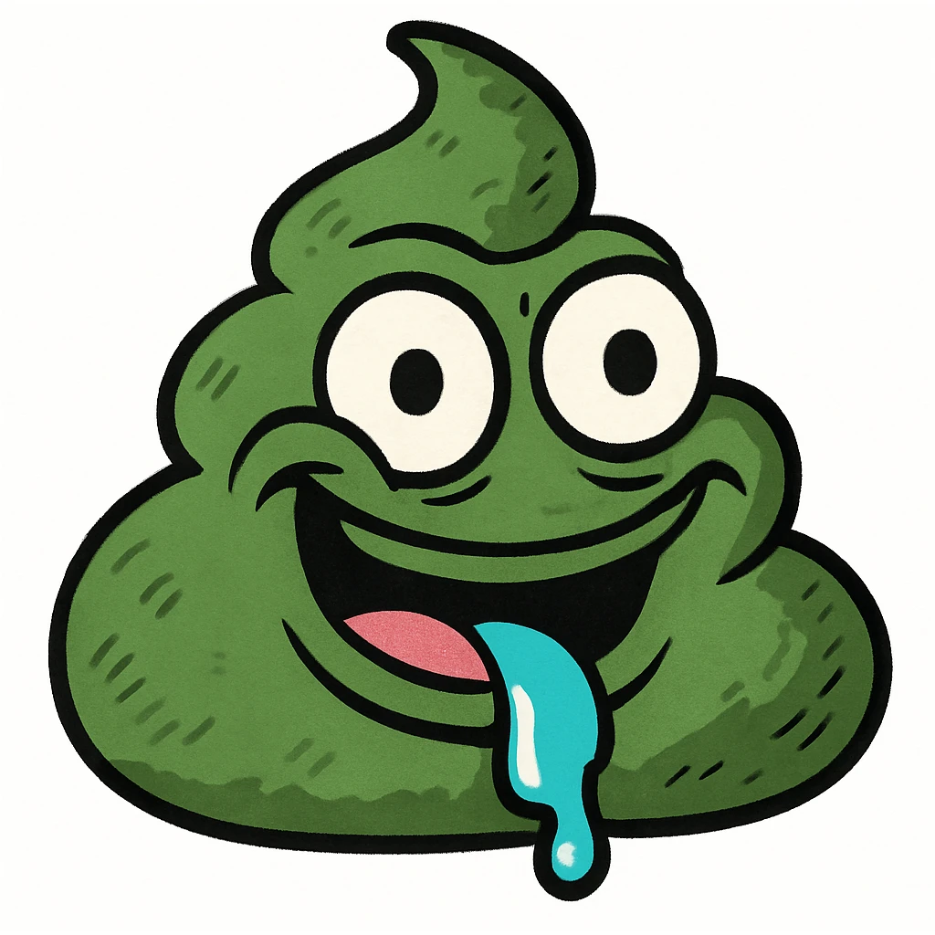 Make this green, goopy AI slop emoji look more like the classic poop emoji shape, but keep the green color and goopy, slimy texture. Add a mischievous, silly face in the style of Pepe the Frog meme. emoji
