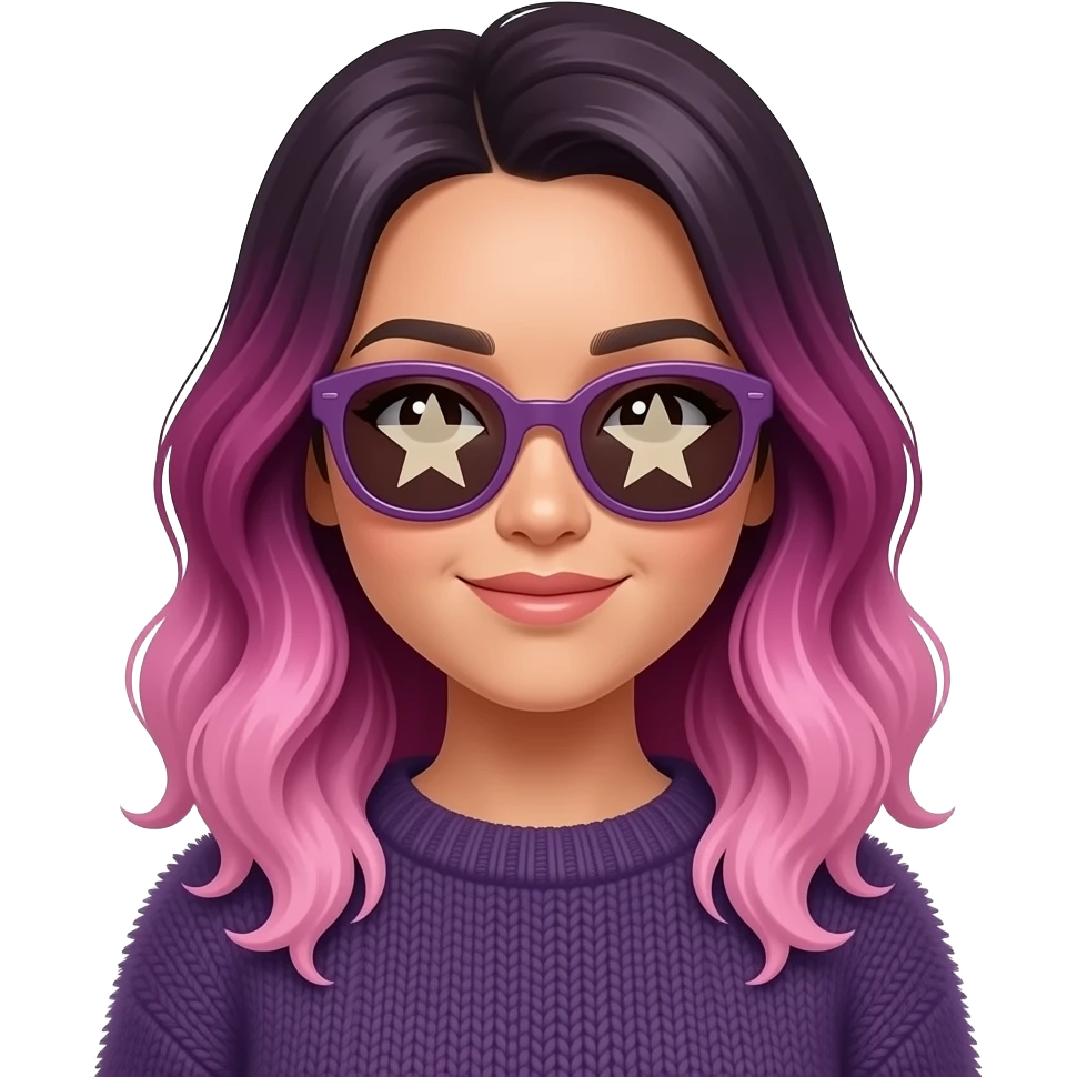 medium skinned vietnamese woman with dark brown medium eyes with slightly wavy ombre hair that is magenta at the top fading to light pink at the bottom, wearing a deep gray-violet fluffy sweater  and star sunglasses emoji