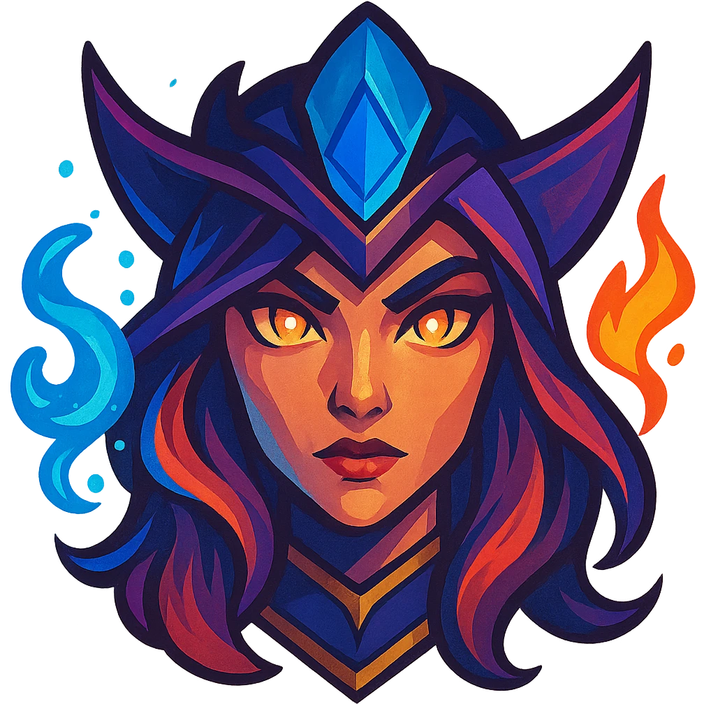 League of Legends champion face, magical elements, stylized, bold colors, close-up portrait emoji