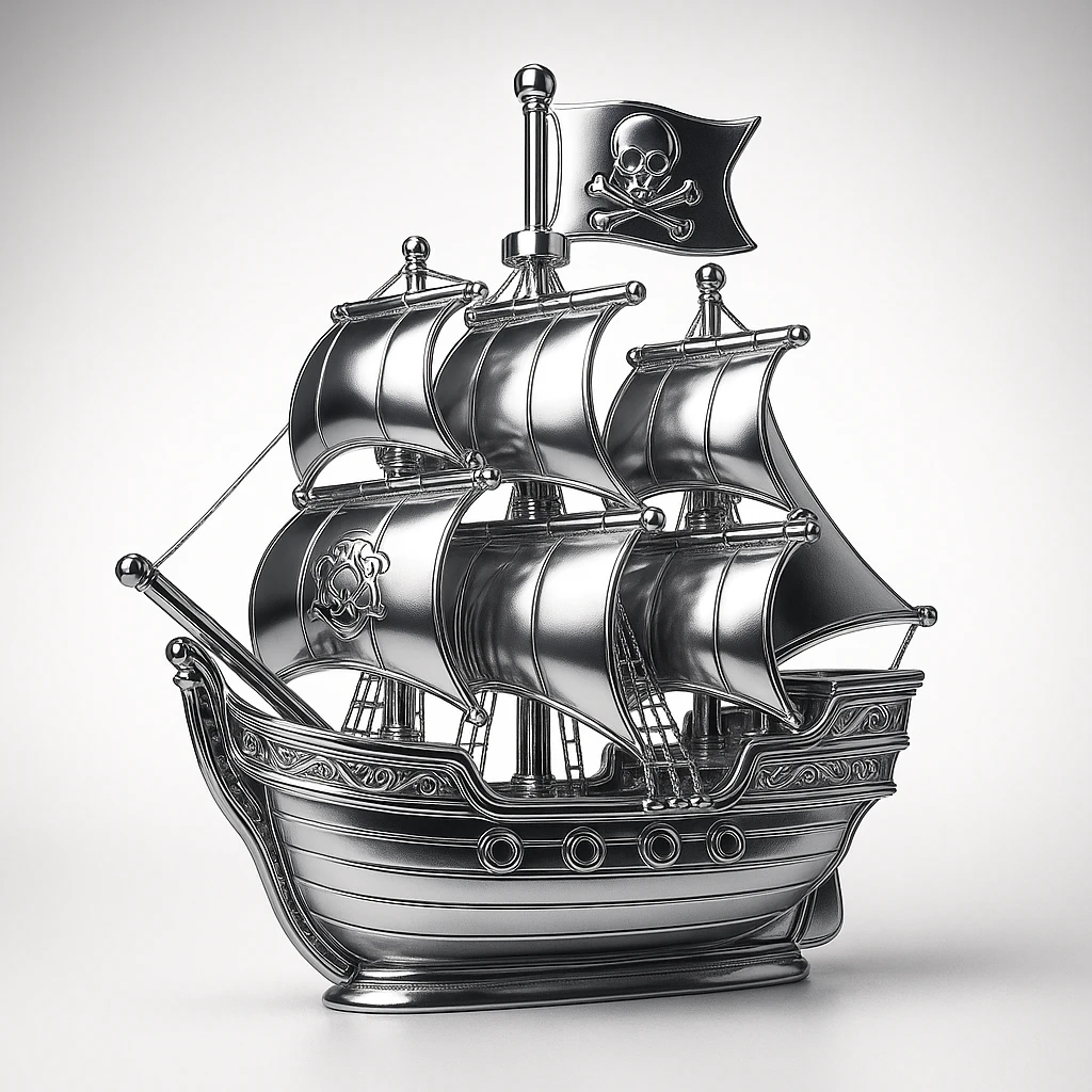 chrome style illustration of a pirate ship with a flag featuring an emblem inspired by a skull and crossed bones, highly reflective chrome surfaces, dramatic lighting, bold adventurous mood emoji
