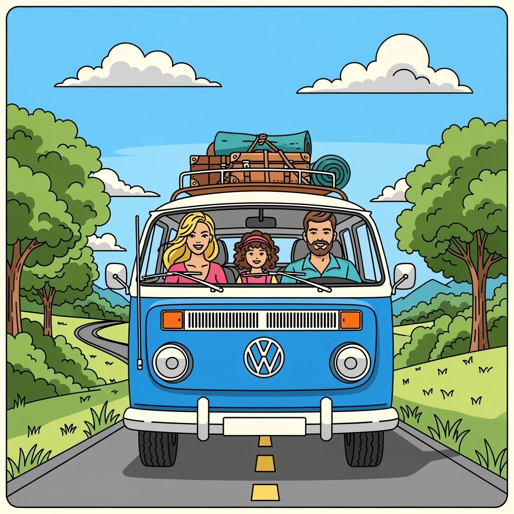color vector art with thin outline of family on road trip with volkwagon van emoji