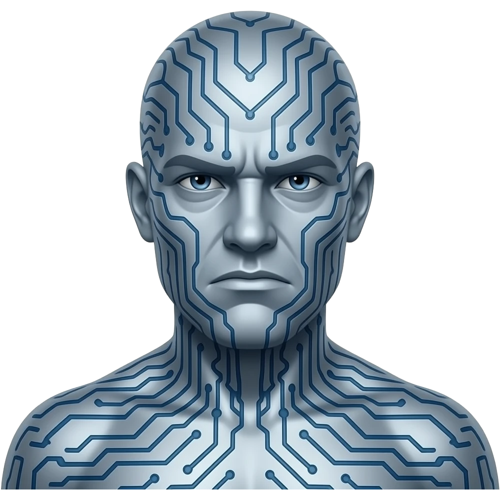 The image features a stylized prehistoric and frowning portrait of Blaze Bayley with silver-blue skin covered in computer circuitry. emoji