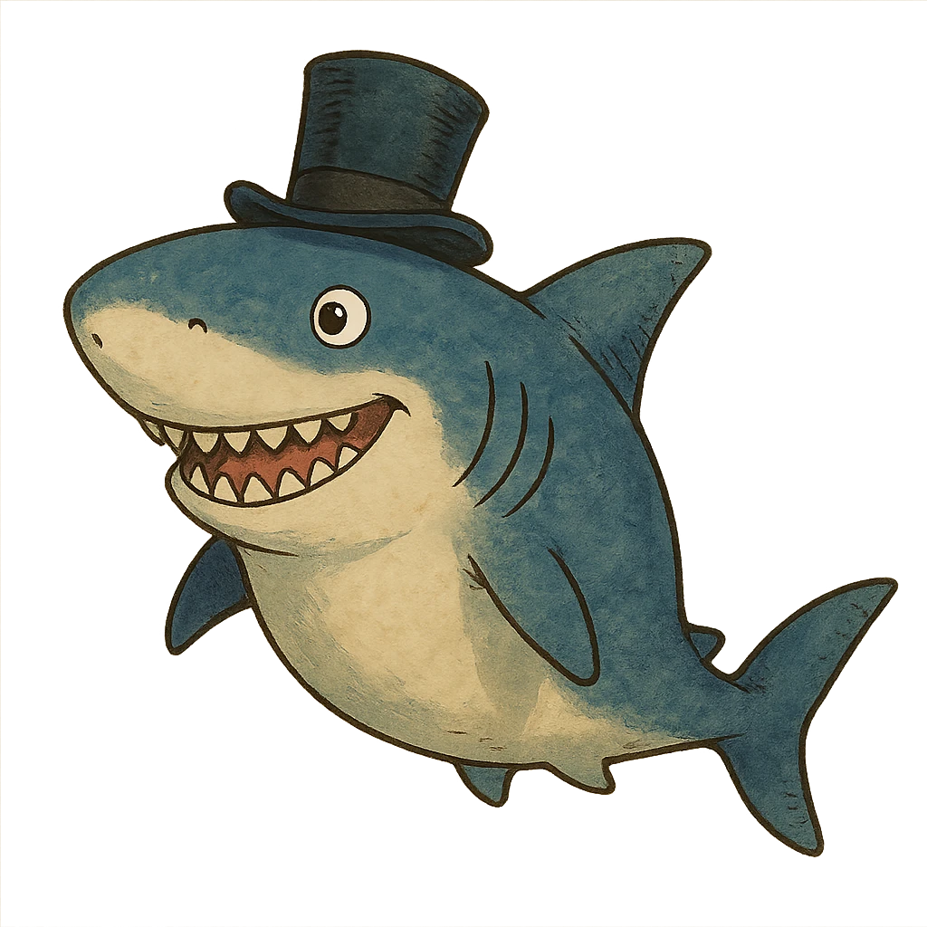 ghibli style shark wearing a top hat emoji