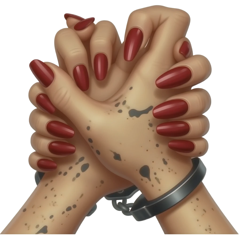 Sexy Woman’s clenched with long red nails behind back in black leather hand cuffs splattered all over  close-up emoji