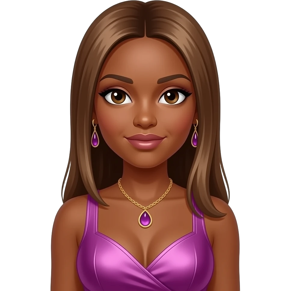 Melody Thornton from The Pussycat Dolls with dark skin, dark brown eyes, long light brown straight hair, pink and purple r&b outfit, necklace and earrings emoji