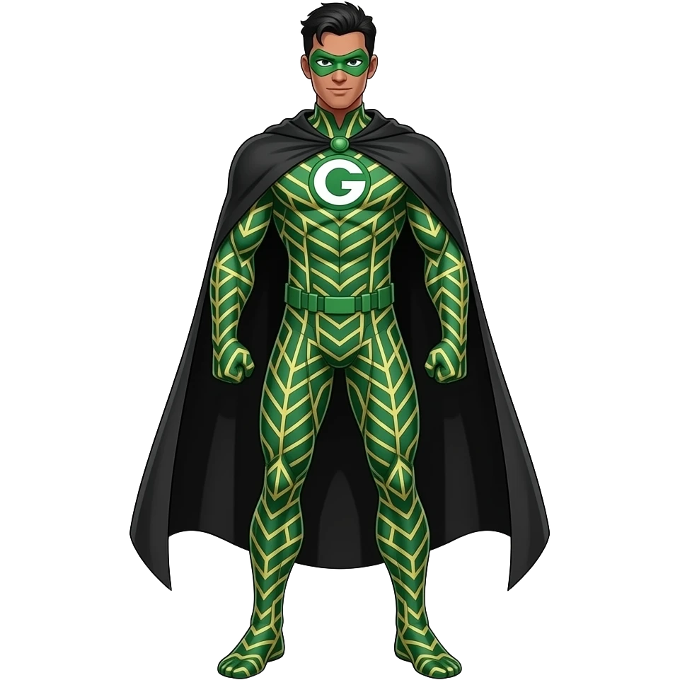 Anime superhero suite black men green and gold lines and green face mask long black cape and letters G on the suite very tall full body emoji