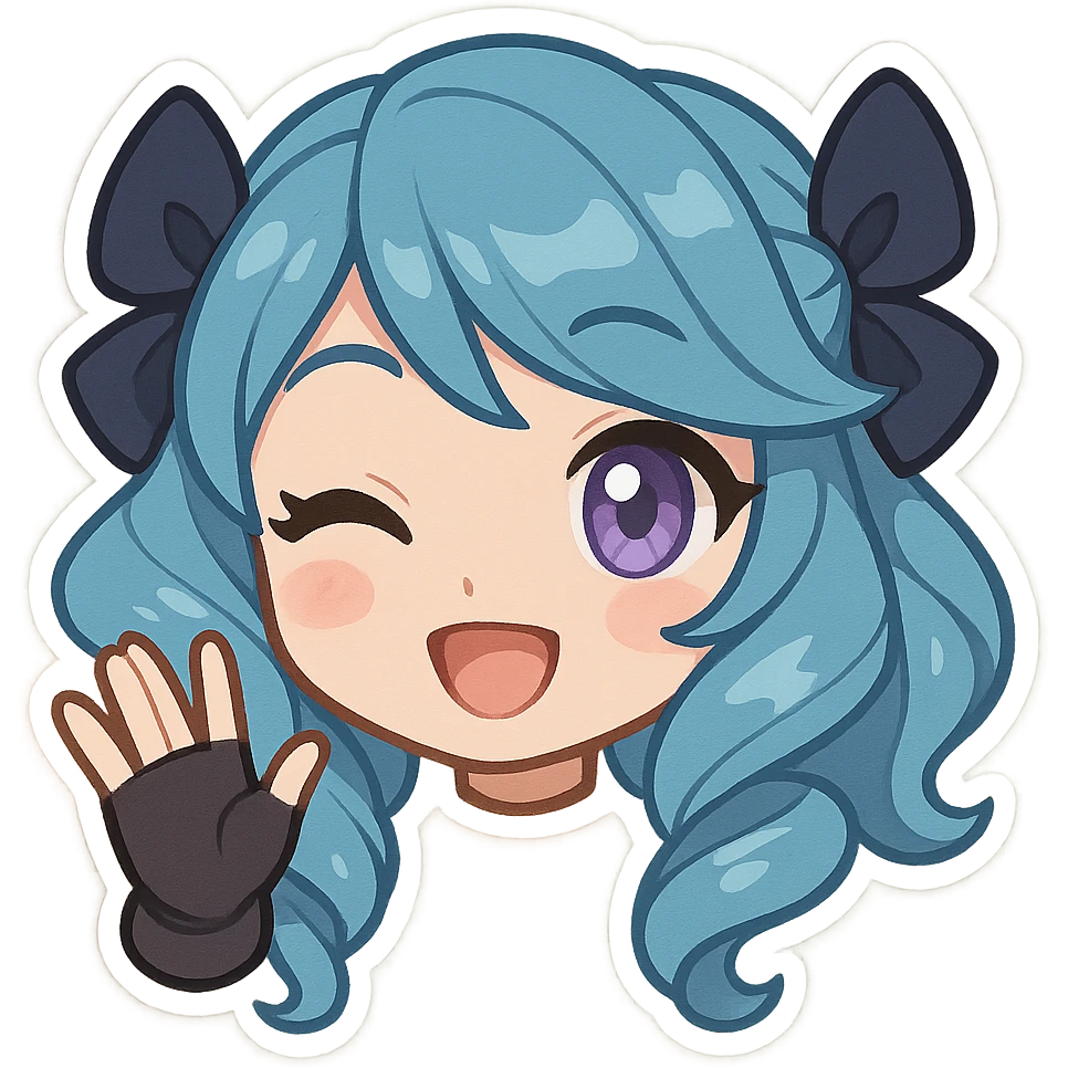 chibi style Gwen from League of Legends, only head, right eye purple, waving hi, frame 1: hand raised, smiling emoji
