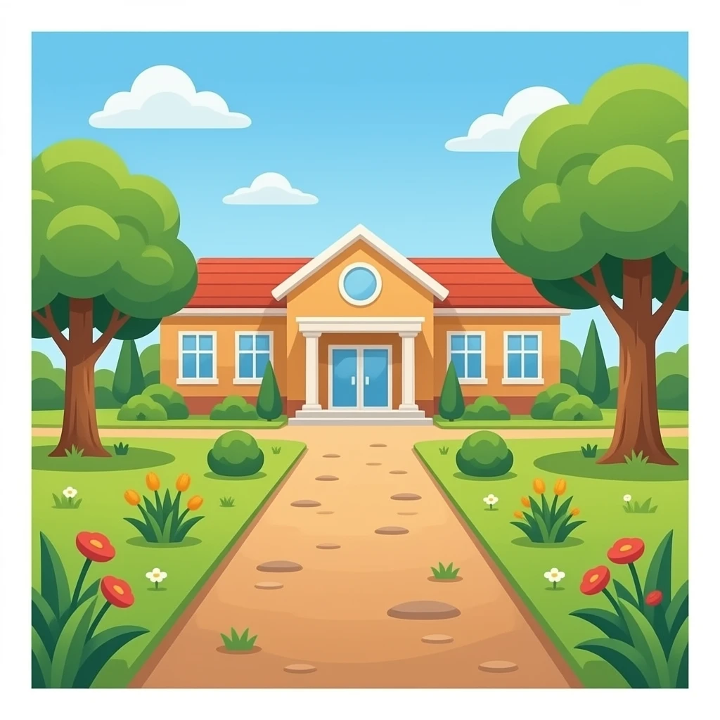 hazme un camino que de a la entrada de una escuela garande con un camino de tierra i que todo lo demas sean plantas emoji