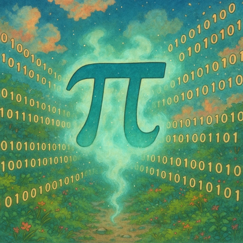  combine the π (pi) math symbol, binary code, and digital mist emerging from it. emoji