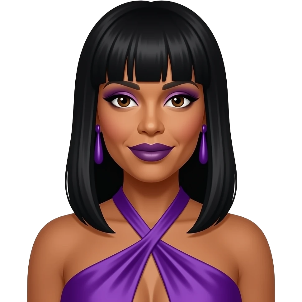 Wendy Williams with dark brown eyes, long black bang hair, purple eyeshadow dark purple lipstick, purple silk halter dress, purple earrings emoji