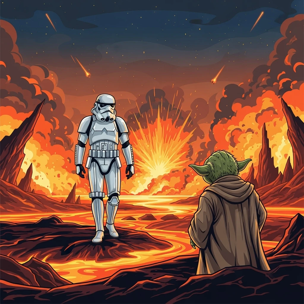 vector art of a Starwars stormtroopers is walking on lava planet with yoda, battleground background 
 emoji