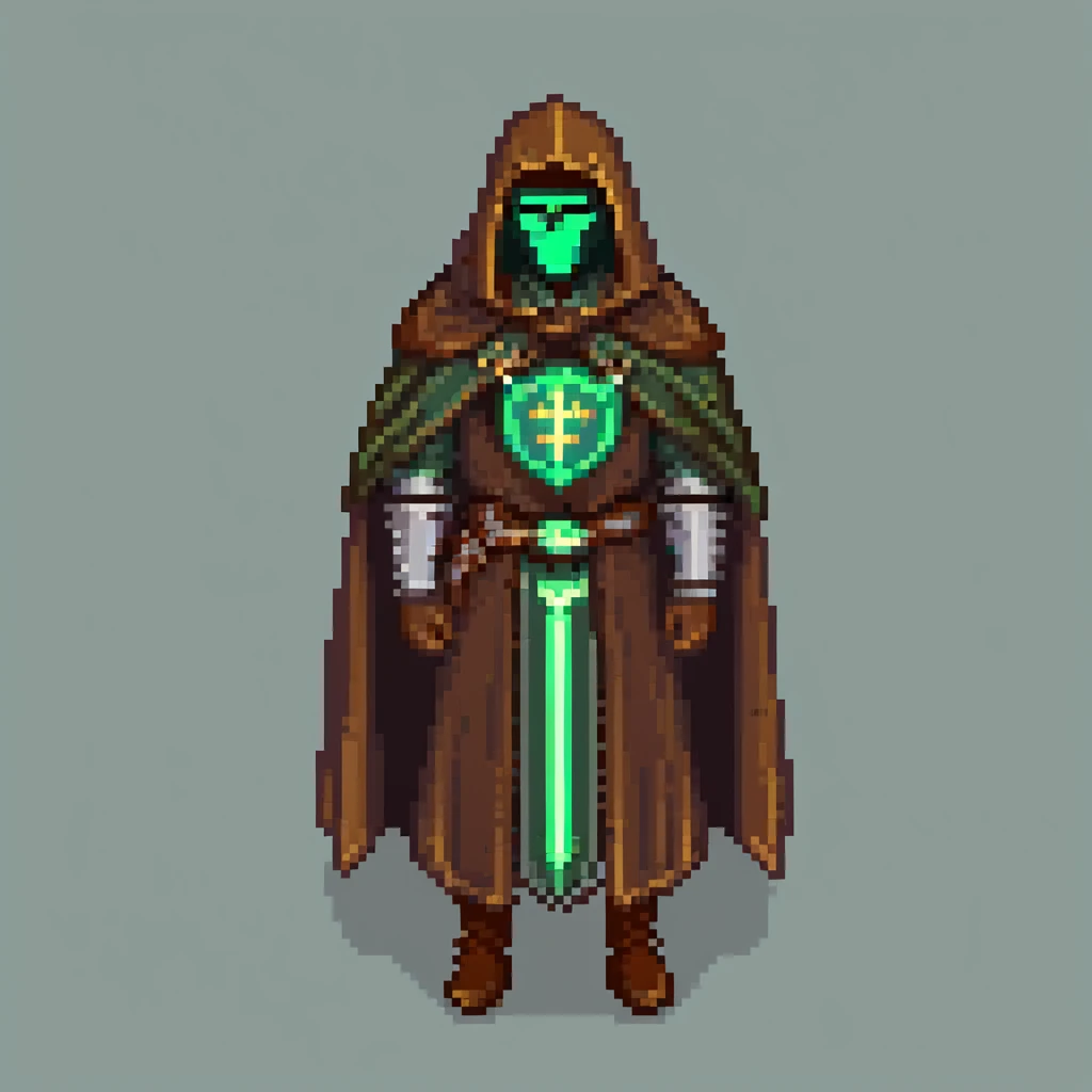 S'pht compiler from Marathon M1 (1994) wearing a brown cloak, green glowing light, metallic mantle with prominent pauldron, retro pixelated style, nostalgic slightly faded polaroid effect emoji