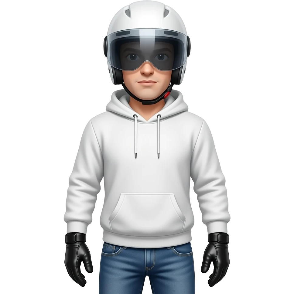 man wearing blue jeans, a white hoodie, black leather gloves, a white helmet with an unvisible eyes shield emoji
