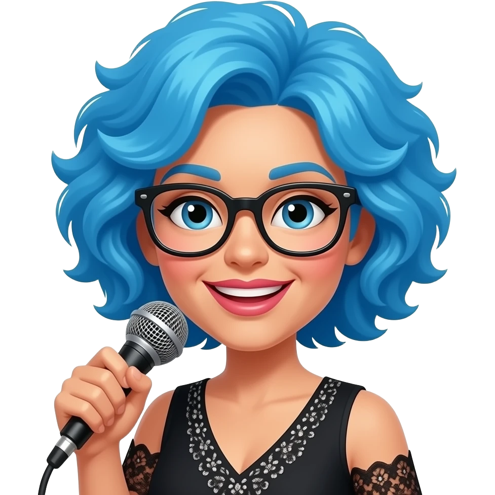 a lady singer in fluffly blue hairs hold a mic and wear glasses emoji