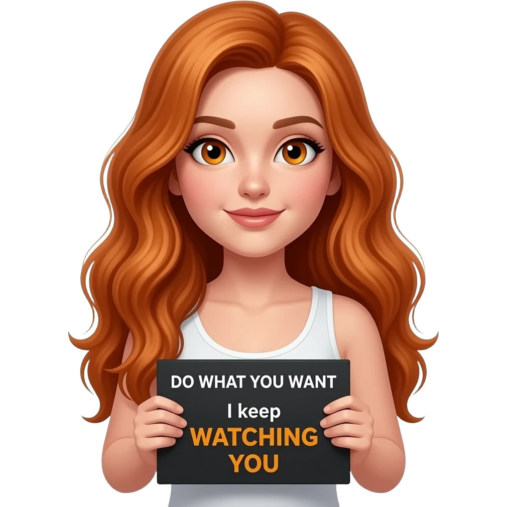 sexy girl with long wavy ginger hair and ginger eyes wearing a white tanktop is holding a black colored sign with DO WHAT YOU WANT while I keep WATCHING YOU written on it emoji