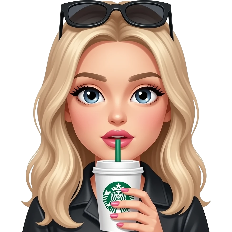 🙂 with long lashies and hands,with long pink nails? holding Starbucks coffee, chewing gum and 👄 lips and has sunglasses on top of head emoji