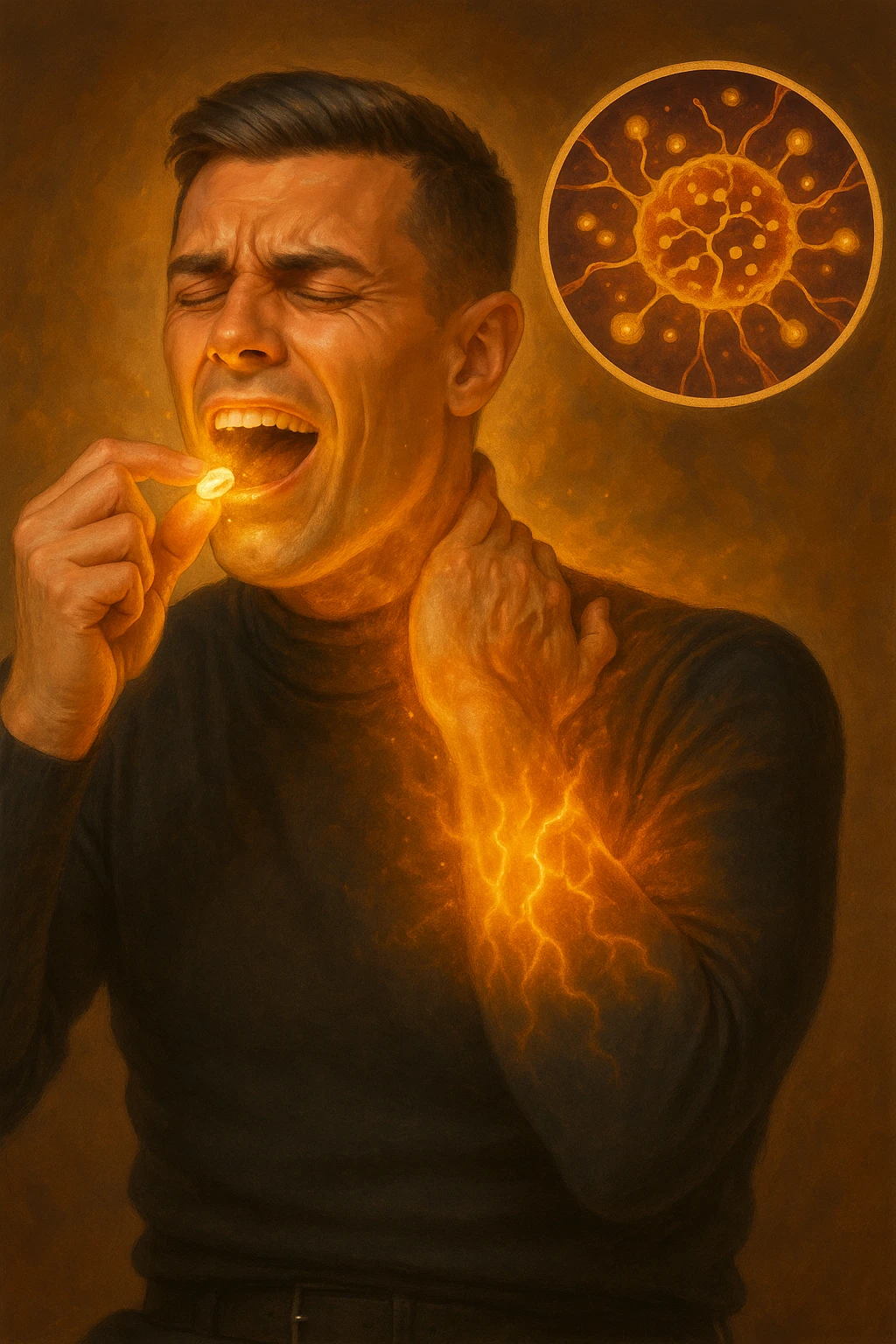 "Man taking simple sugar tablet believing it's powerful medicine, golden healing light emanating from pill as it dissolves, his chronic pain visibly dissolving as relief spreads across his face, expression transforming from suffering to amazement, brain chemistry changing through pure belief, microscopic view showing endorphins releasing purely from expectation, body healing itself through mind's conviction" emoji