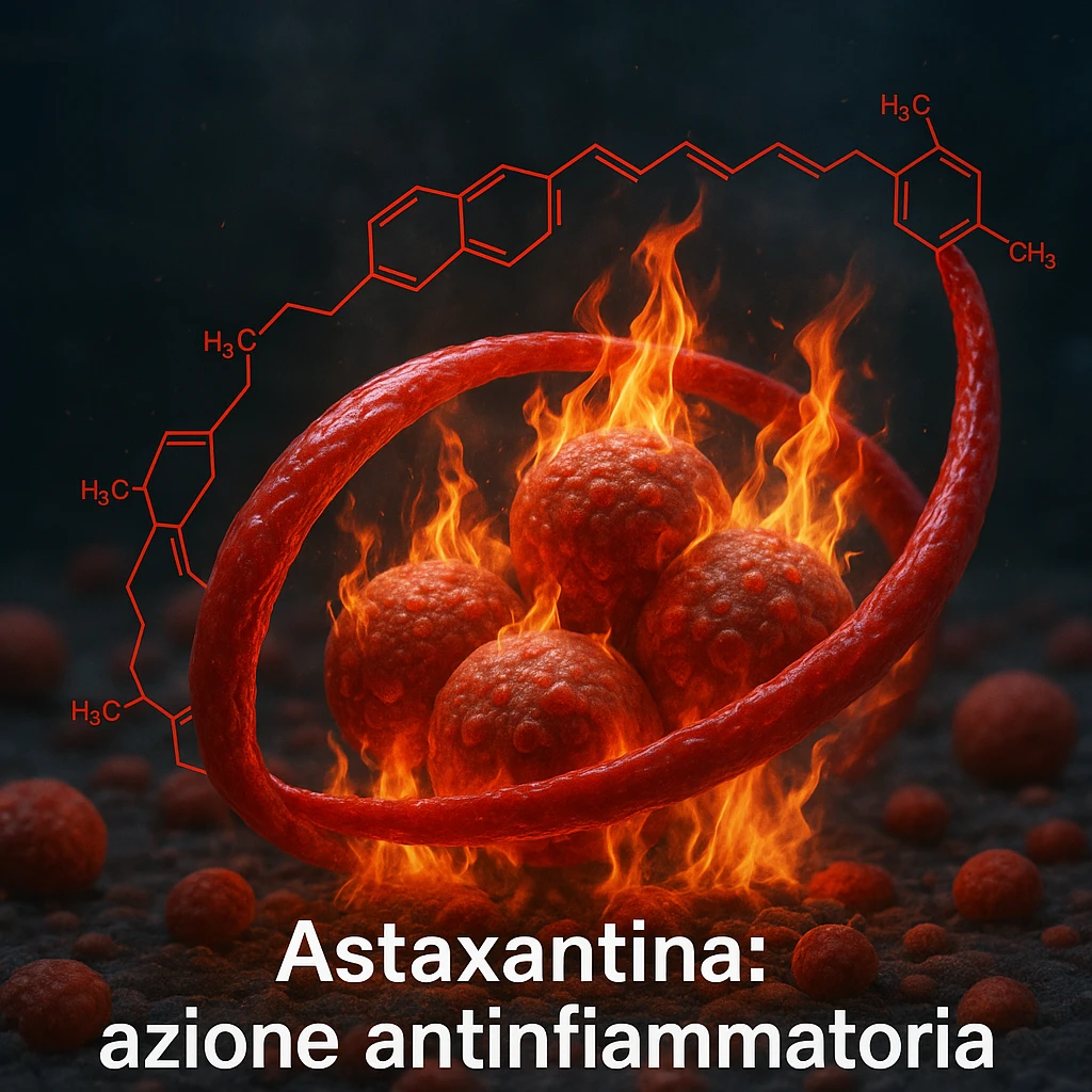 hyper realistic red astaxanthin molecule protecting inflamed cells, red molecule wrapping cells with flames, scientific atmosphere, realistic details, text 'Astaxantina: azione antinfiammatoria' emoji