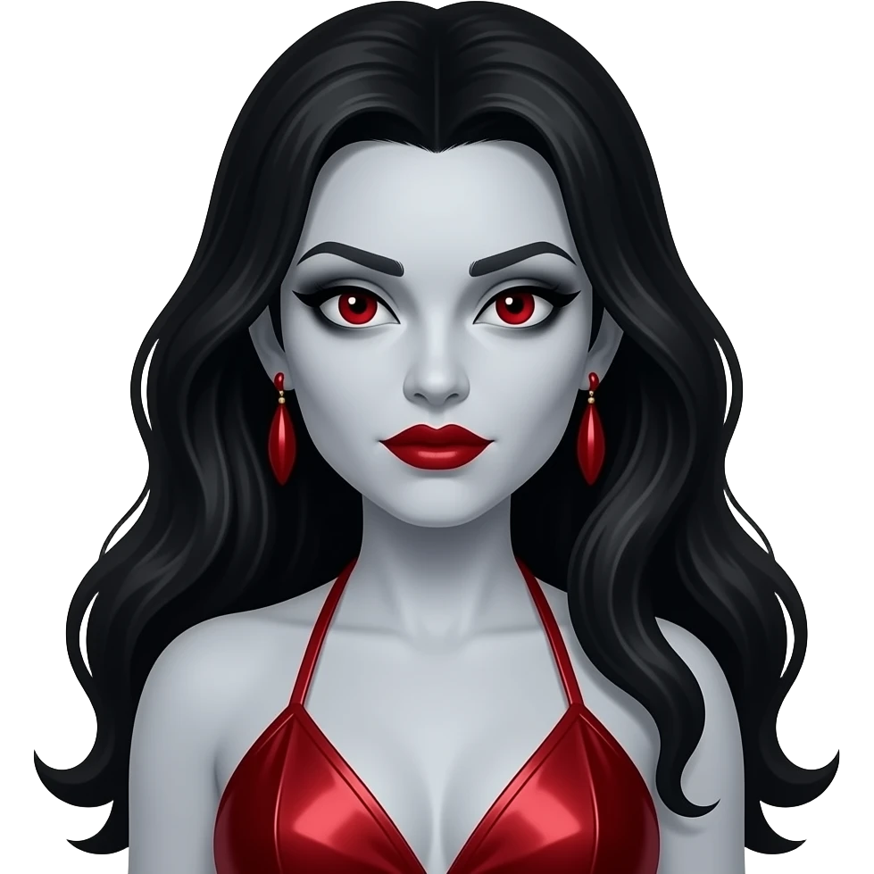 Bride of Dracula with pale-grey skin, red eyes, long black hair, black eyeshadow, red lipstick, red metallic halter dress, red earrings emoji