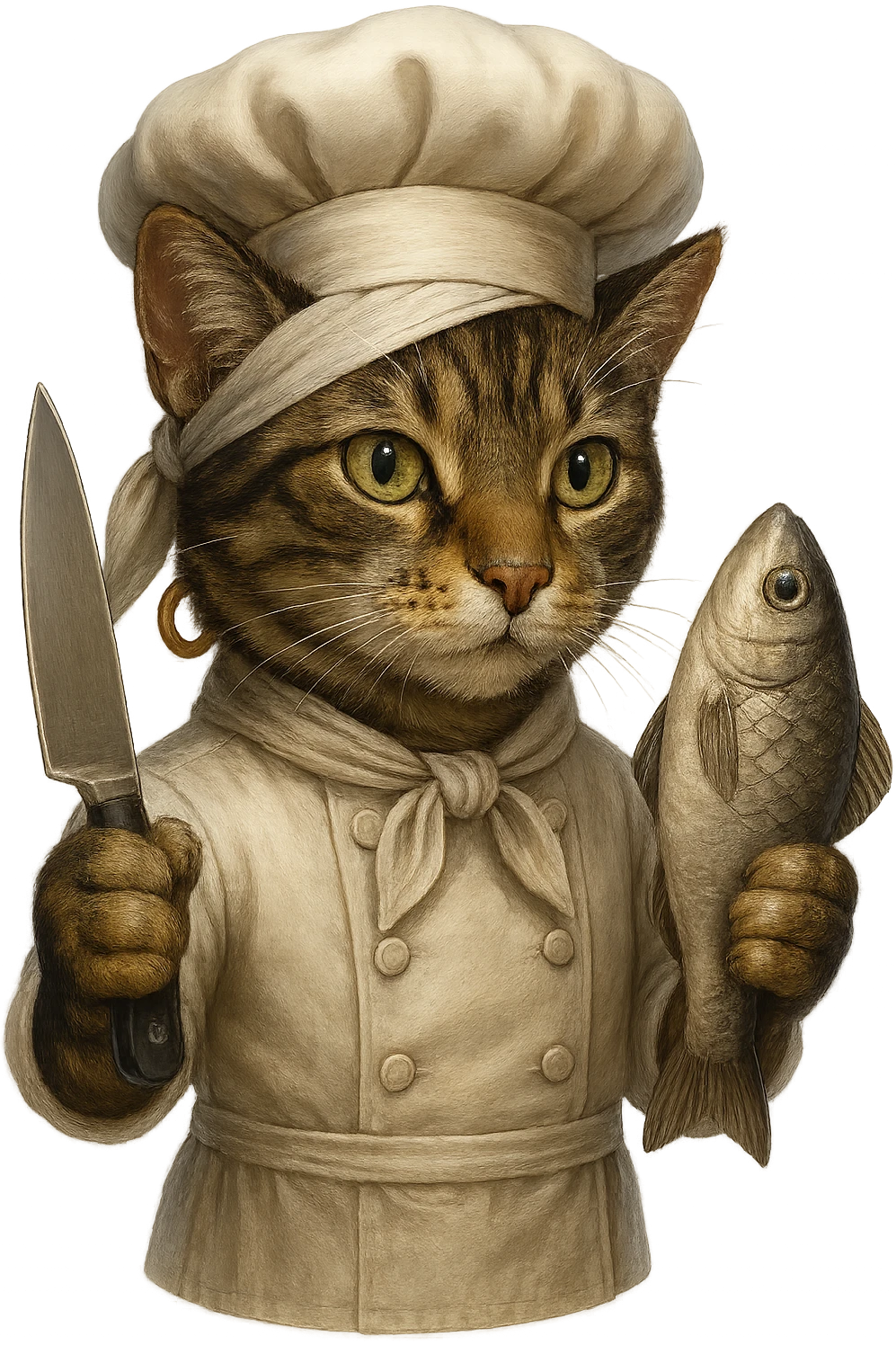 Make the cat chef normal cat colors, but keep the earring gold. The cat is holding a knife and a fish, wearing a bandana, with no background. Maintain the original style and details as much as possible. emoji