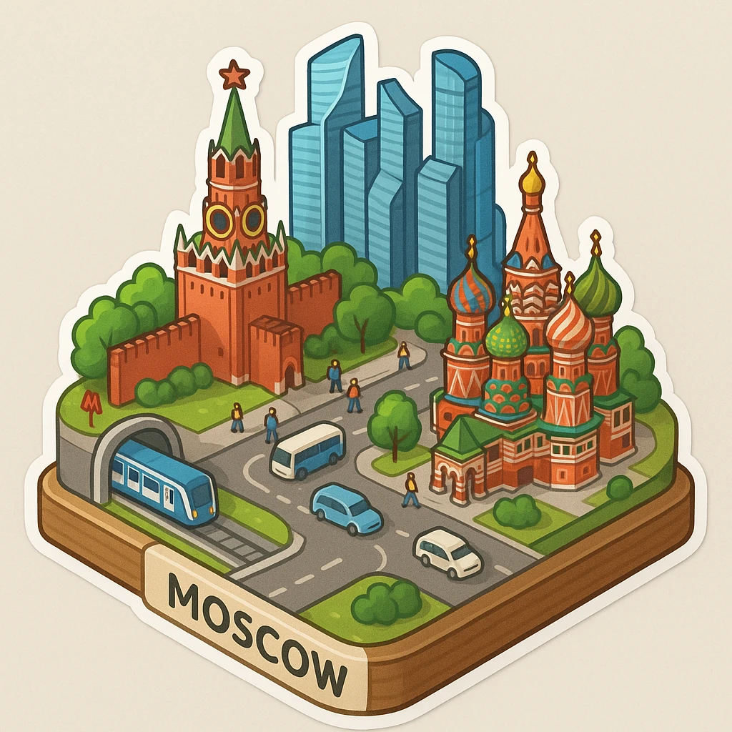 Изометричная миниатюрная 3D модель Москвы на подставке - фотореалистичный Кремль, собор Василия Блаженного, фотореалистичный Башни Москва-Сити, аккуратная детализация, яркие цвета, мультяшный реализм, гуляют люди и современный автотранспорт и метро, компактная композиция, вид сверху в изометрии emoji