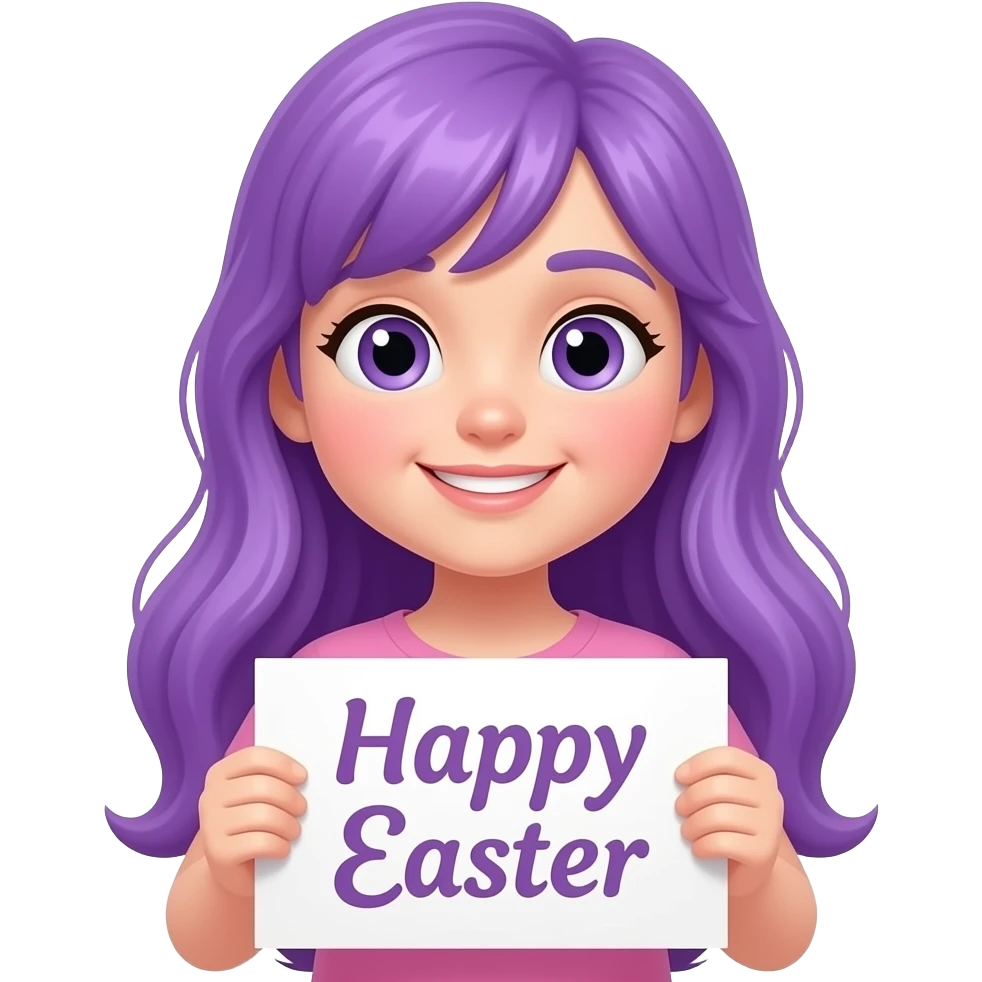 girl with long purple hair with happy eastern sign emoji