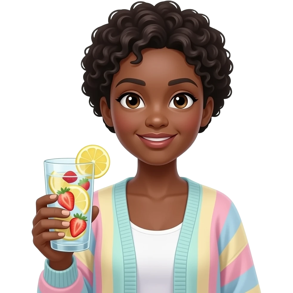 BLACK BALD WOMAN  IN FLOWY CARDIGAN HOLDING A CUP OF FRUIT INFUSED WATER emoji