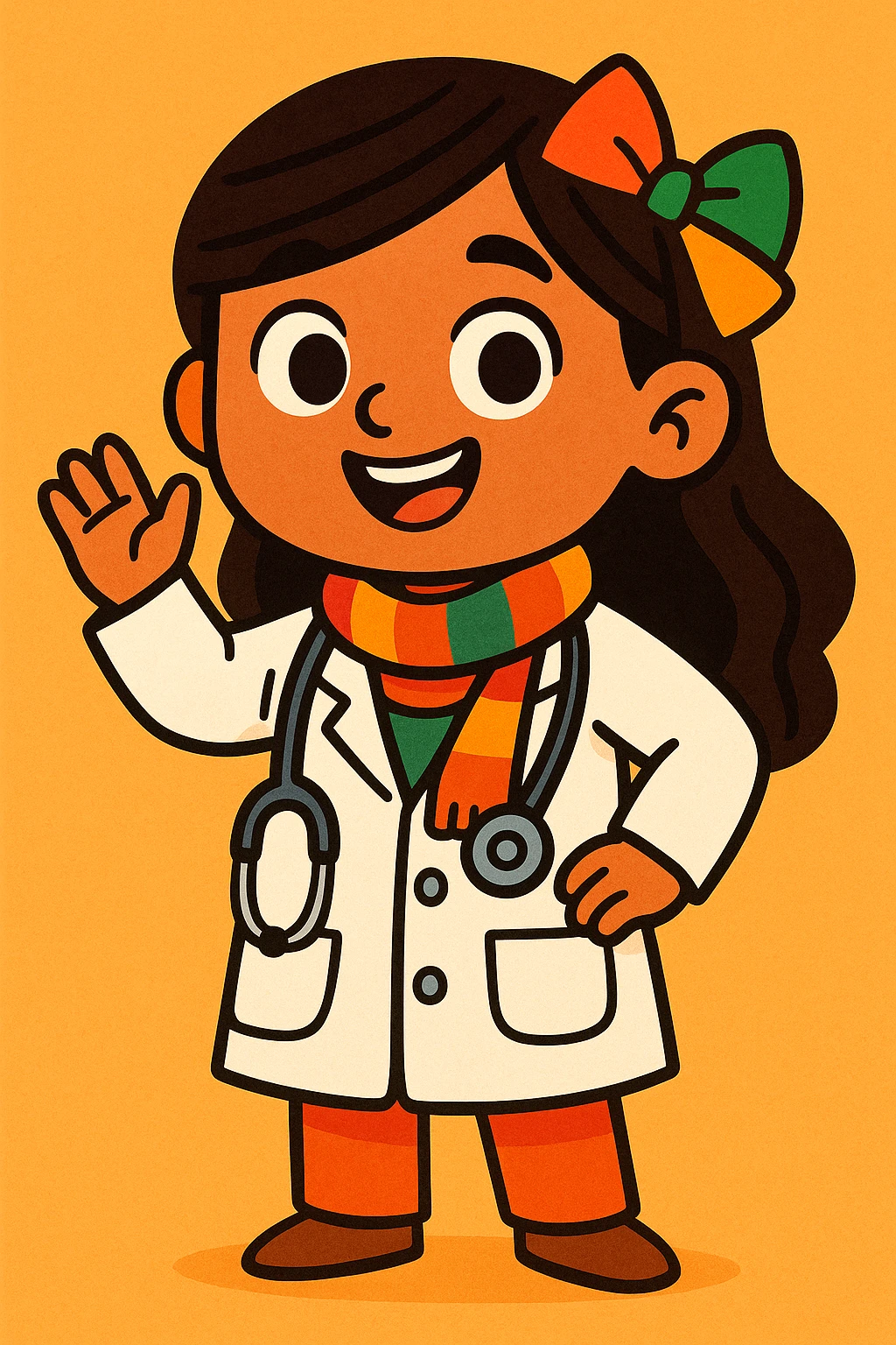 cute Mexican doctor girl, waving, stethoscope around neck, wearing white coat, bright scarf, cartoon style emoji