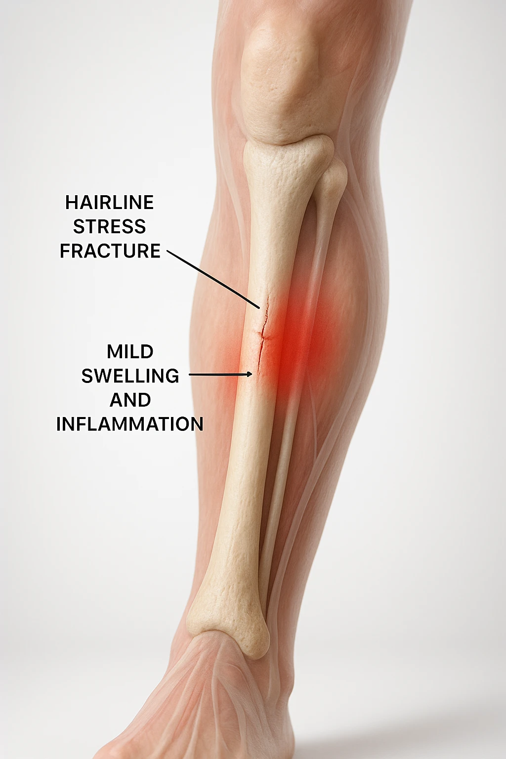 3D realistic medical illustration: a close-up of a human lower leg (tibia), showing the bone with a visible hairline stress fracture. The surrounding soft tissue is semi-transparent, highlighting mild swelling and inflammation. Educational labels point to the fracture site. The background is clean and clinical, with a subtle gradient. emoji
