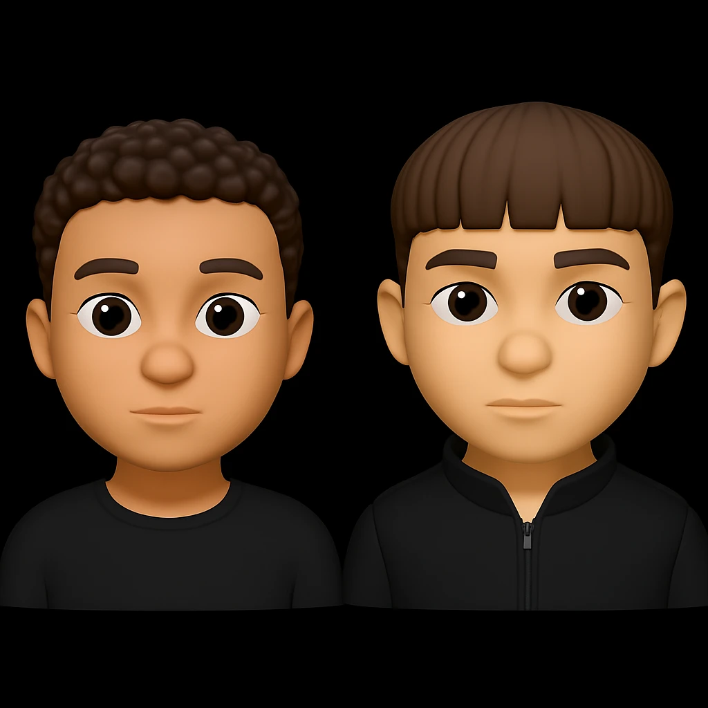 Place these two 3D emoji characters on one background, standing apart with noticeable space between them, without changing the images themselves emoji